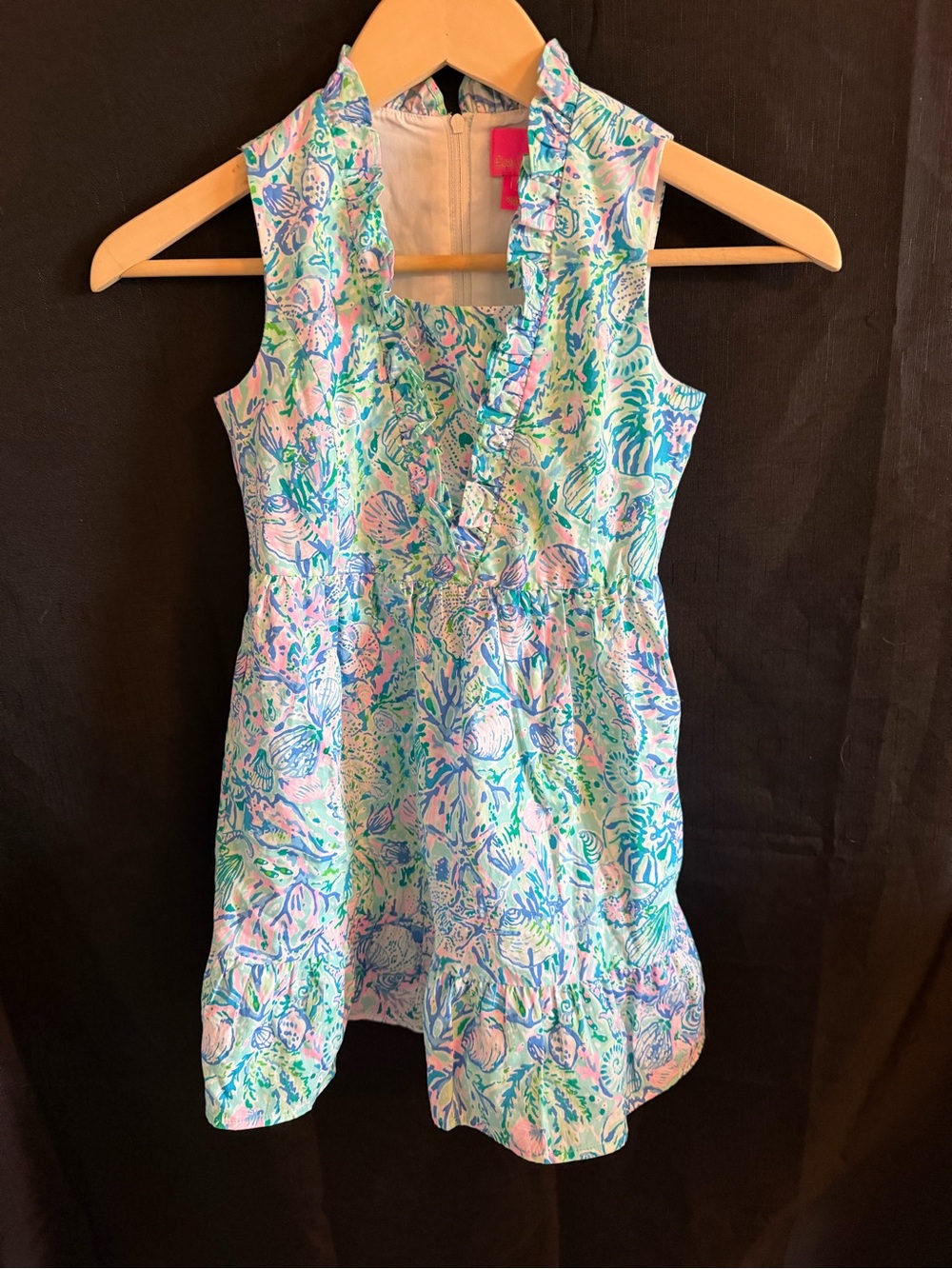 Girls' Ruffle Neck Floral Print Dress - Blue & Pink